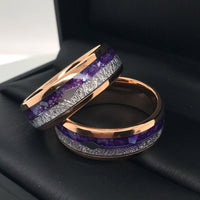 8mm- Rose Gold Arrow Ring, Tungsten Dome Ring, W/ Purple Agate & Meteorite Inlay