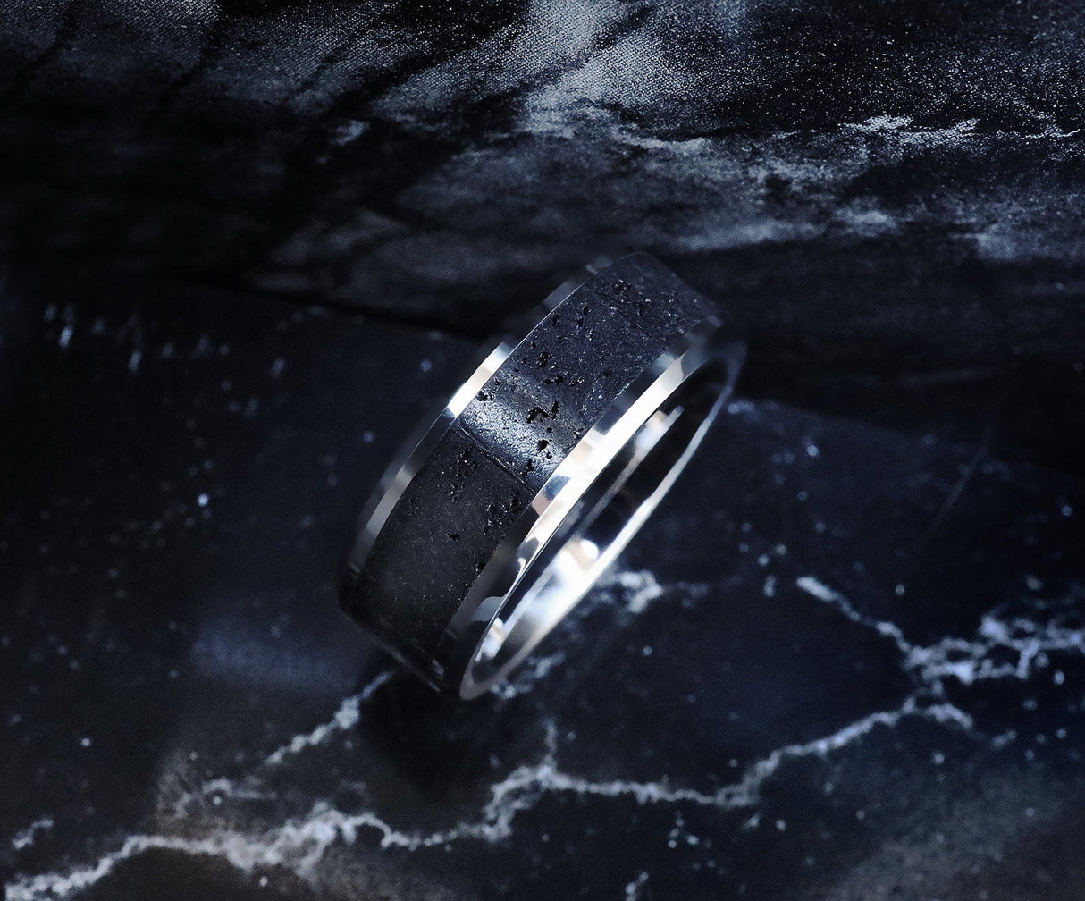 14k White Gold, Lava Rock Inlay, Polished Beveled Edges Wedding Ring  - 8mm