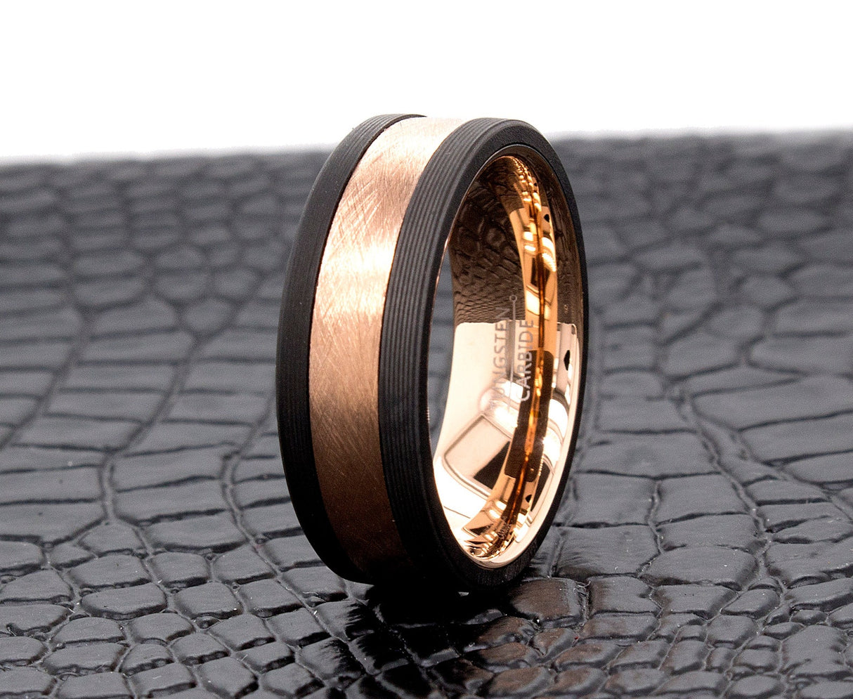 8mm - Tungsten Wedding Ring, Rose Gold With Pure Carbon Fiber Edges