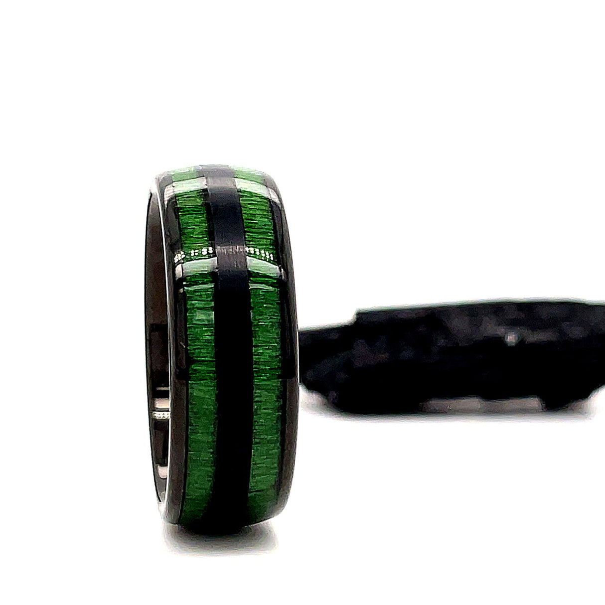 8mm - Tungsten Carbide Ring, Double Barrel Green Jade Wood Inlay, Dome shape,