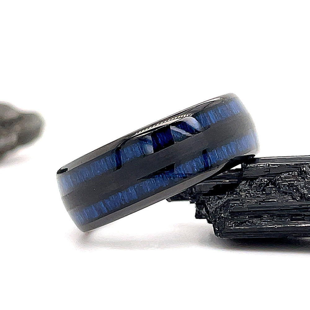 8mm - Tungsten Double Barrel Real Blue Wood Inlay Ring Wedding Band Dome