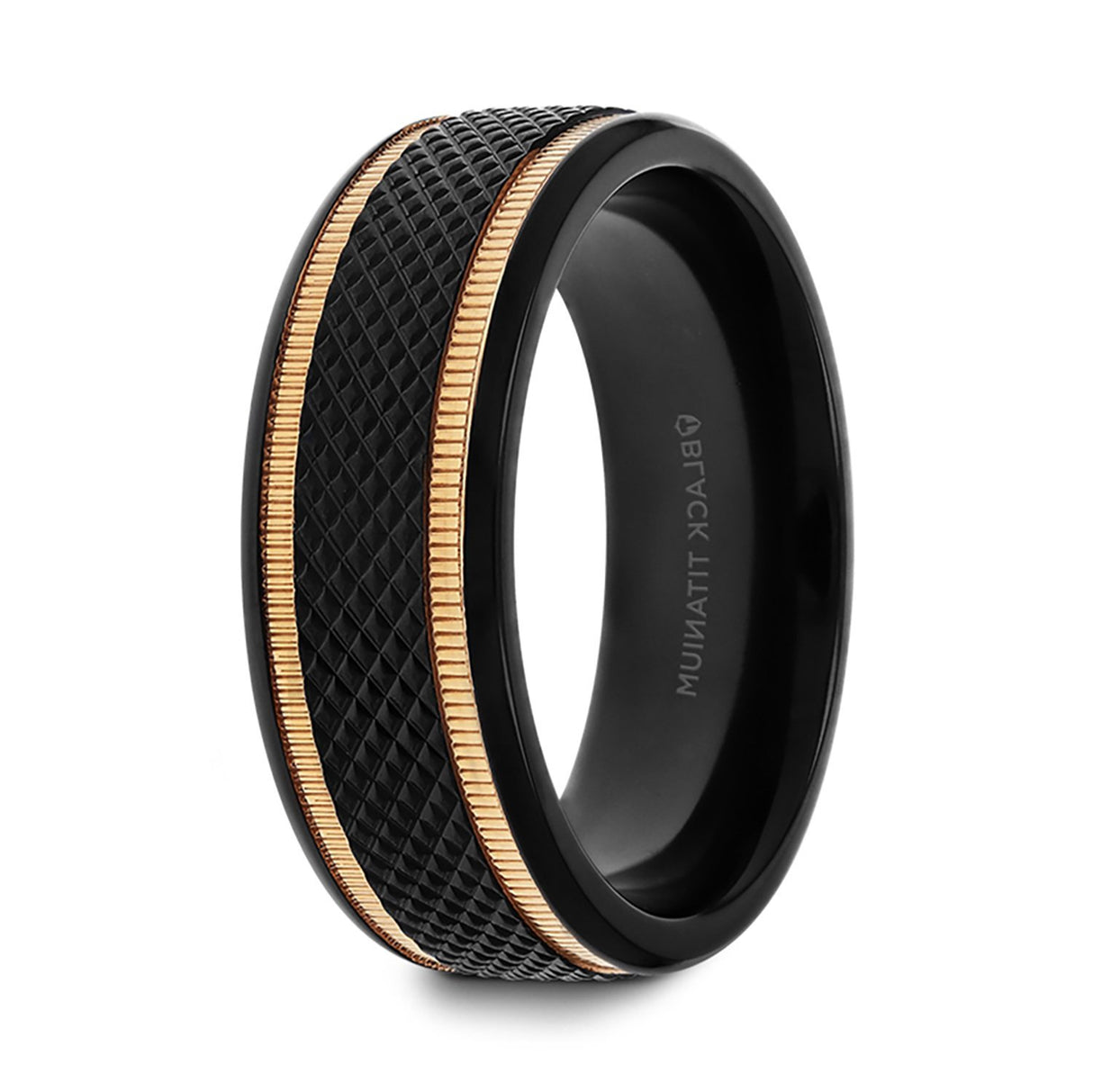 8mm Black Titanium Diamond Patterned Brushed with Gold Milgrain Grooves