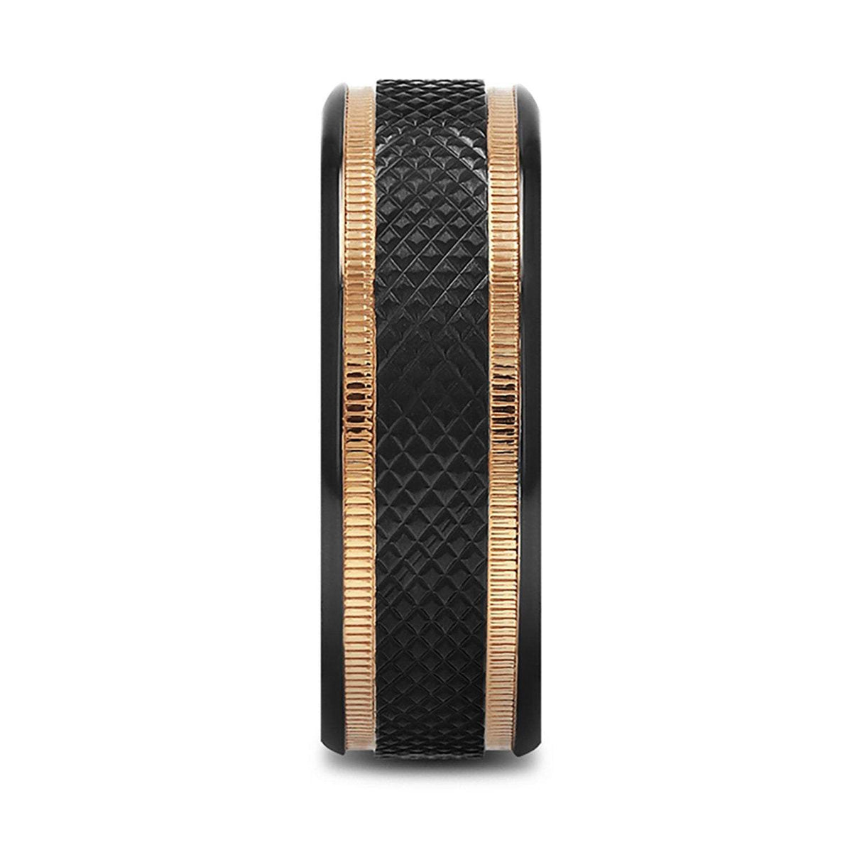 8mm Black Titanium Diamond Patterned Brushed with Gold Milgrain Grooves