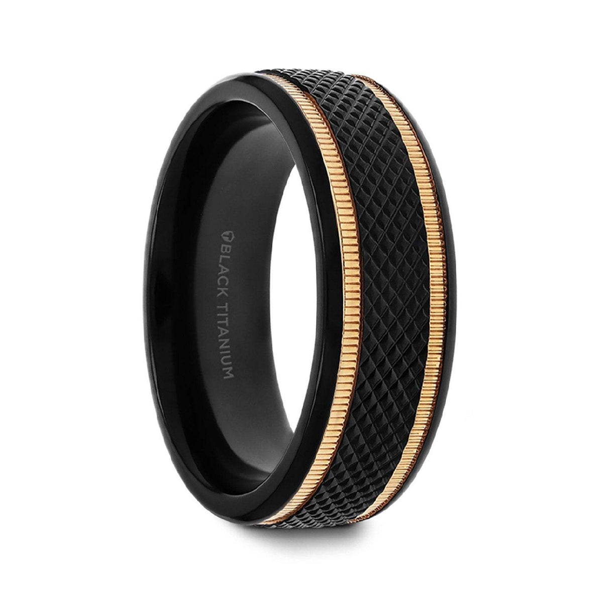 8mm Black Titanium Diamond Patterned Brushed with Gold Milgrain Grooves