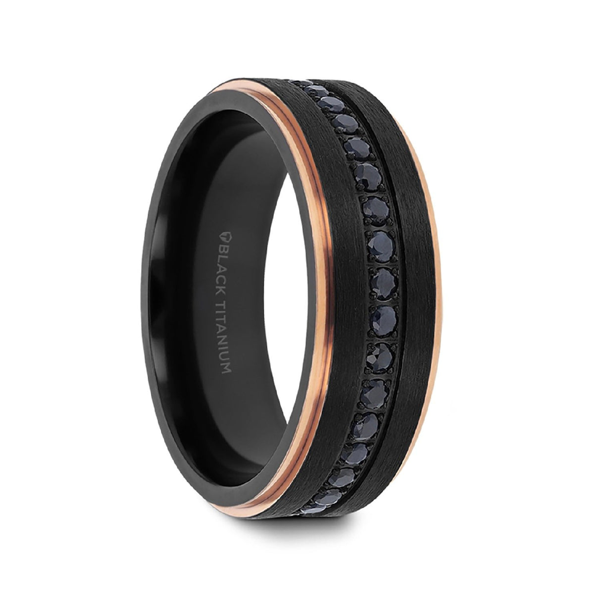 8mm ASTRO Brushed Black Titanium Ring W/ Rose Gold Edges & Black Sapphire all around