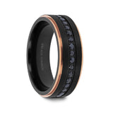 8mm ASTRO Brushed Black Titanium Ring W/ Rose Gold Edges & Black Sapphire all around