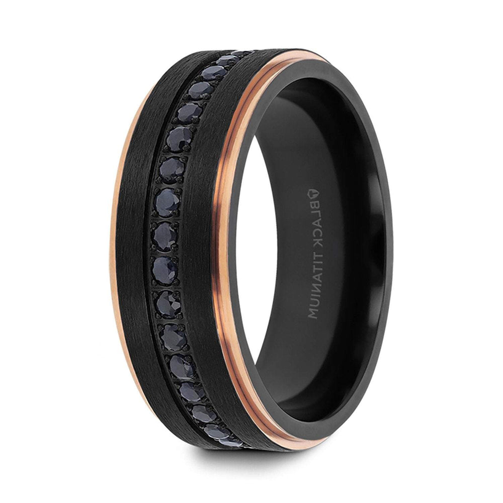 8mm ASTRO Brushed Black Titanium Ring W/ Rose Gold Edges & Black Sapphire all around
