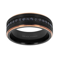 8mm ASTRO Brushed Black Titanium Ring W/ Rose Gold Edges & Black Sapphire all around