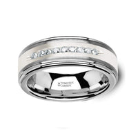 Tungsten Wedding Band with Brushed Silver Inlay 9 White Diamonds - 8mm