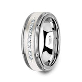 Tungsten Wedding Band with Brushed Silver Inlay 9 White Diamonds - 8mm