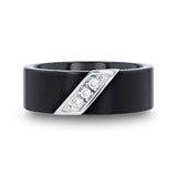 8mm Black Tungsten Wedding Band with Diagonal Diamonds