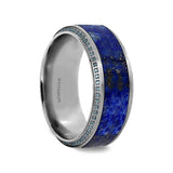 HYDRA Lapis Lazuli Inlaid Titanium Wedding Ring Polished Beveled Edges Set with Round Blue Diamonds - 10mm