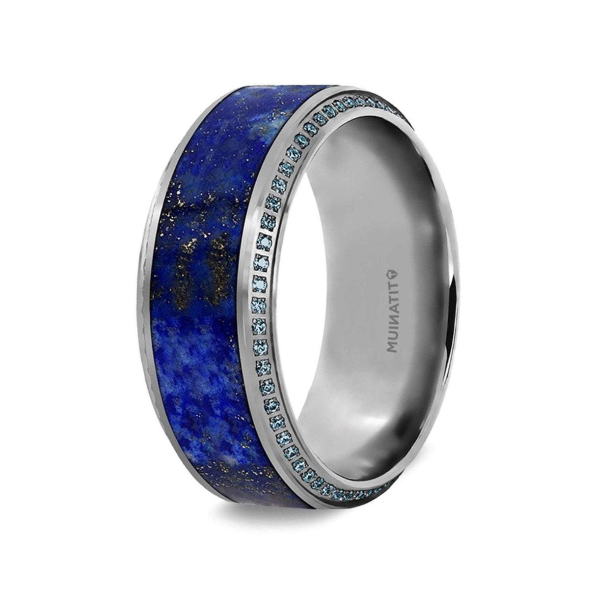 HYDRA Lapis Lazuli Inlaid Titanium Wedding Ring Polished Beveled Edges Set with Round Blue Diamonds - 10mm