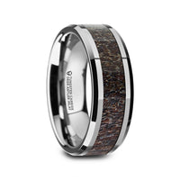 8mm - Tungsten Wedding Band, Dark Antler Inlay Ring Polished Beveled Edges