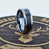 8mm - Tungsten Wedding Band, Dark Antler Inlay Ring Polished Beveled Edges