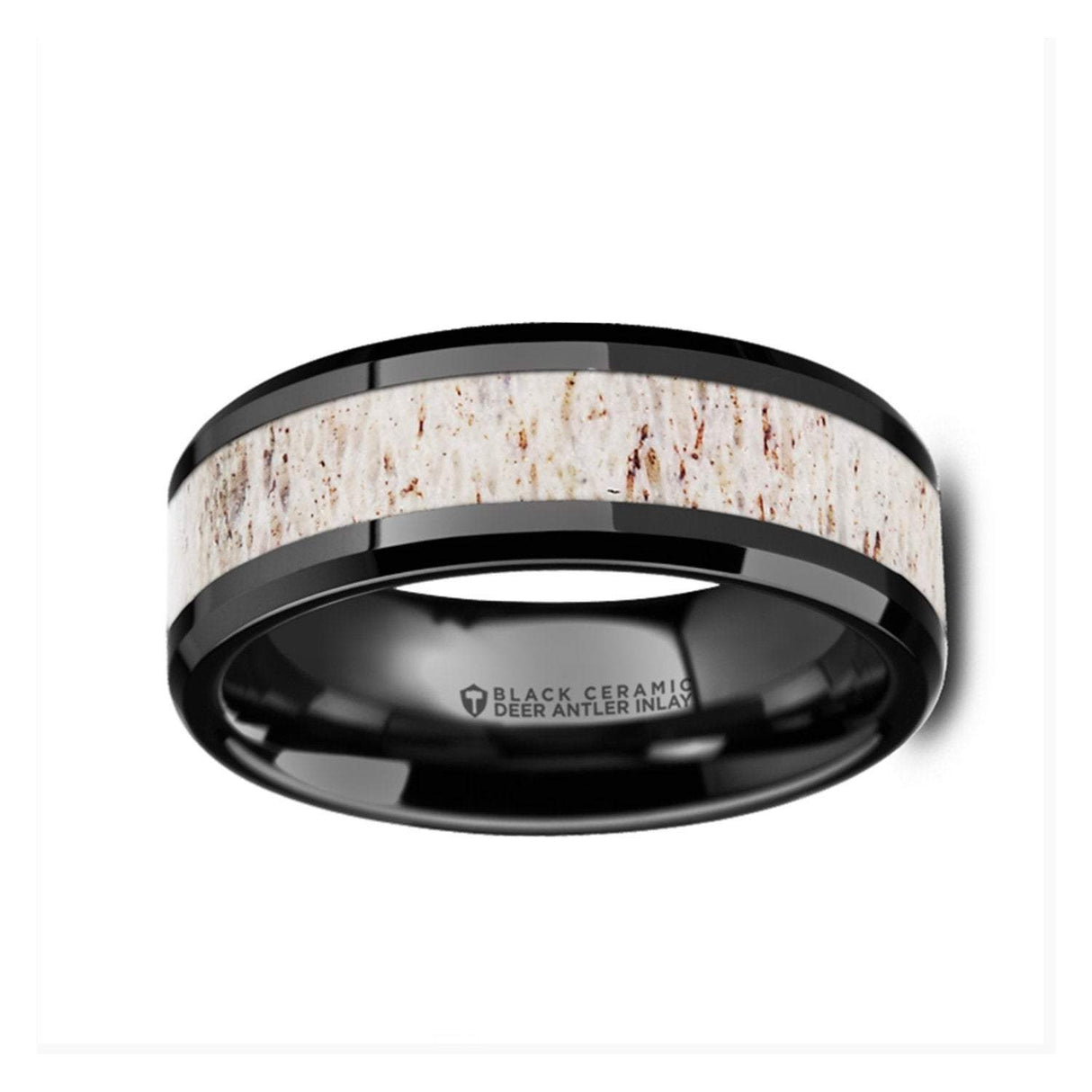 8mm Black Ceramic Wedding Band with Whitetail Antler Inlay