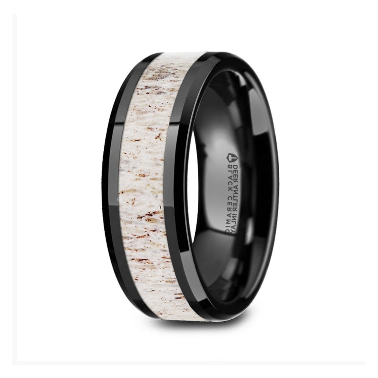 8mm Black Ceramic Wedding Band with Whitetail Antler Inlay