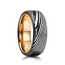 Mens Damascus Steel Wedding Band Gold Interface Comfort Fit, Anniversary Ring, Engagement Ring, - 8mm