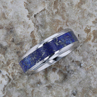 Men's Titanium Wedding Band with Blue Lapis Lazuli Stone Inlay Ring, Beveled Edges - 8 mm