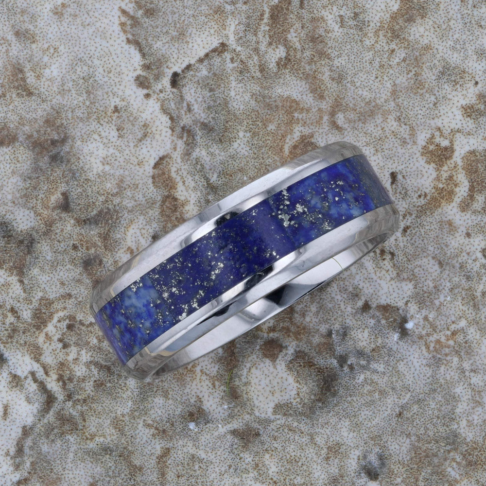 Men's Tungsten Wedding Band with Blue Lapis Lazuli Stone Inlay Ring, Beveled Edges - 8 mm