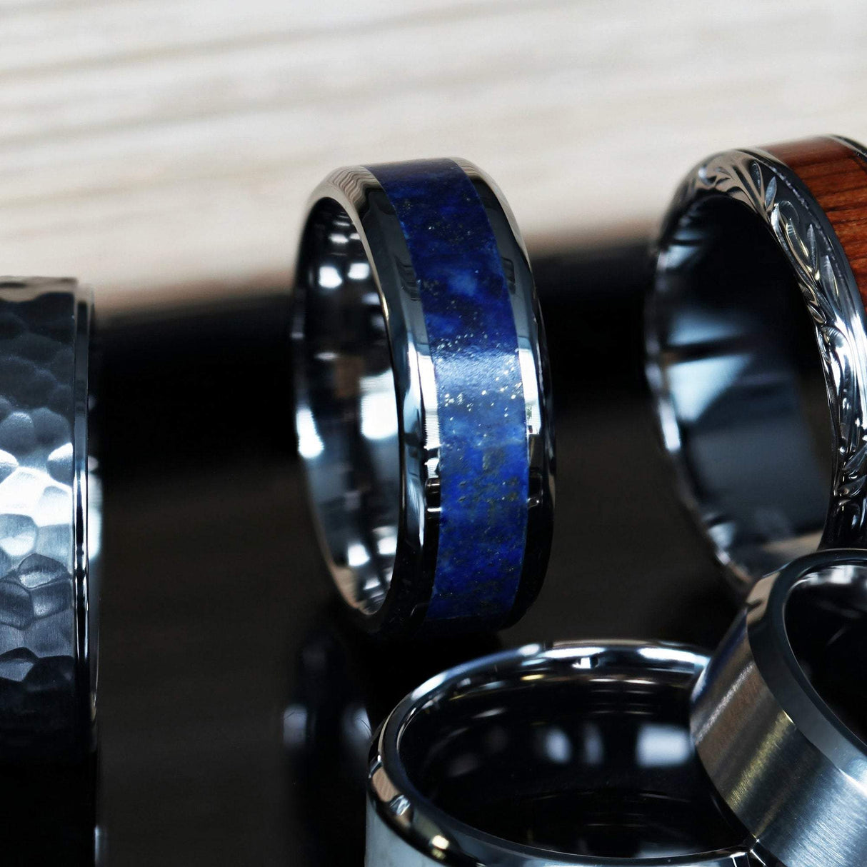 Men's Titanium Wedding Band with Blue Lapis Lazuli Stone Inlay Ring, Beveled Edges - 8 mm