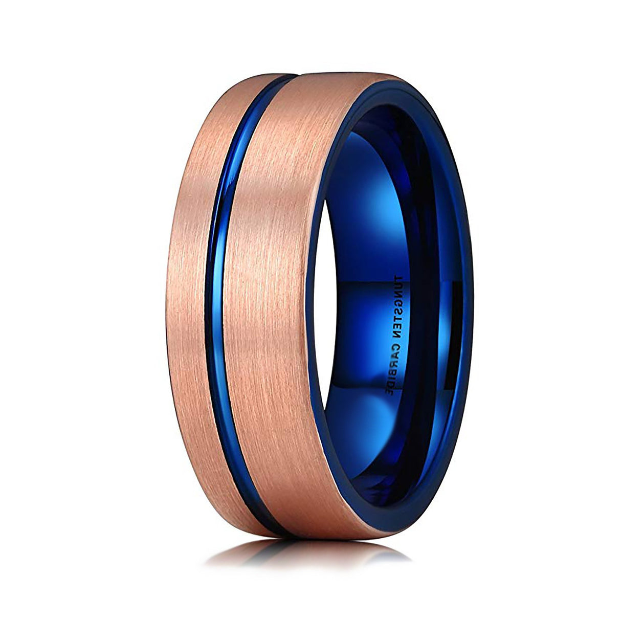 Rose Gold Brushed Tungsten Carbide Wedding Band With Blue Off Center Groove, Womens Ring, Mens Ring, 8mm Tungsten Ring, Wedding Ring