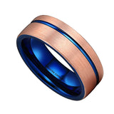 Rose Gold Brushed Tungsten Carbide Wedding Band With Blue Off Center Groove, Womens Ring, Mens Ring, 8mm Tungsten Ring, Wedding Ring