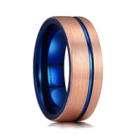 Rose Gold Brushed Tungsten Carbide Wedding Band With Blue Off Center Groove, Womens Ring, Mens Ring, 8mm Tungsten Ring, Wedding Ring