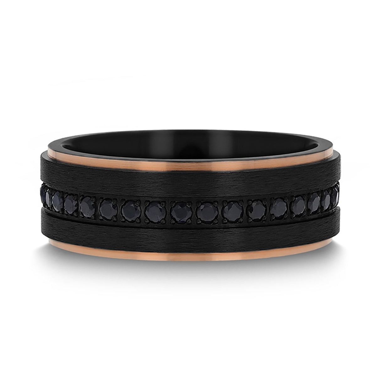 8mm ASTRO Brushed Black Titanium Ring W/ Rose Gold Edges & Black Sapphire all around