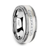 Tungsten Wedding Band with Brushed Silver Inlay 9 White Diamonds - 8mm