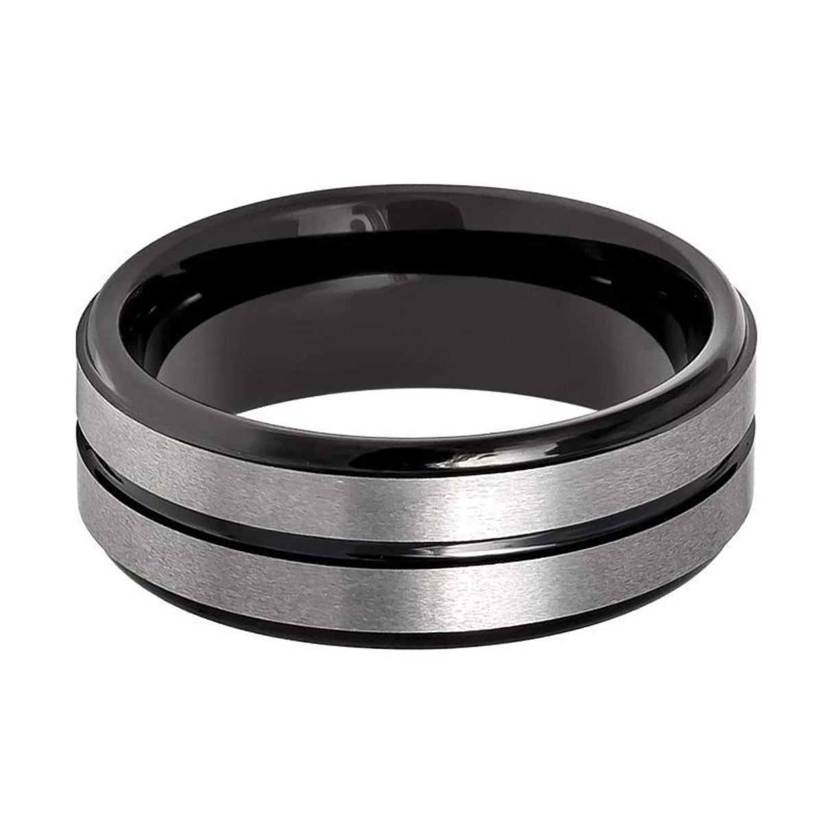 8MM BLACK TUNGSTEN WEDDING BAND, SILVER BRUSHED W/ BLACK CENTER GROOVE