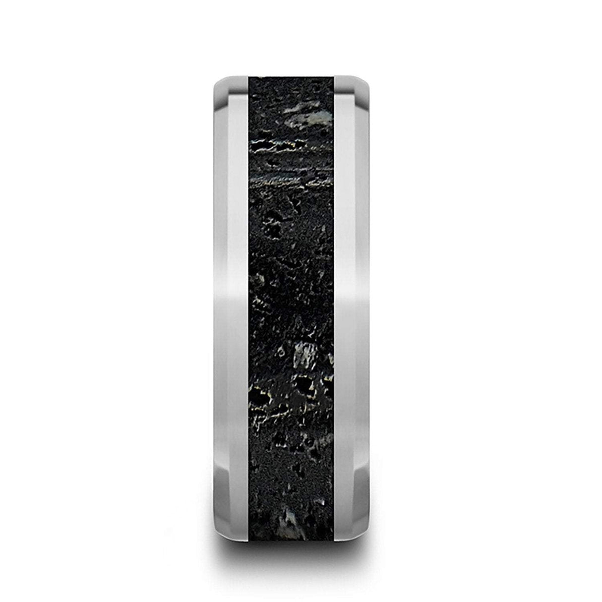 14k White Gold, Lava Rock Inlay, Polished Beveled Edges Wedding Ring  - 8mm