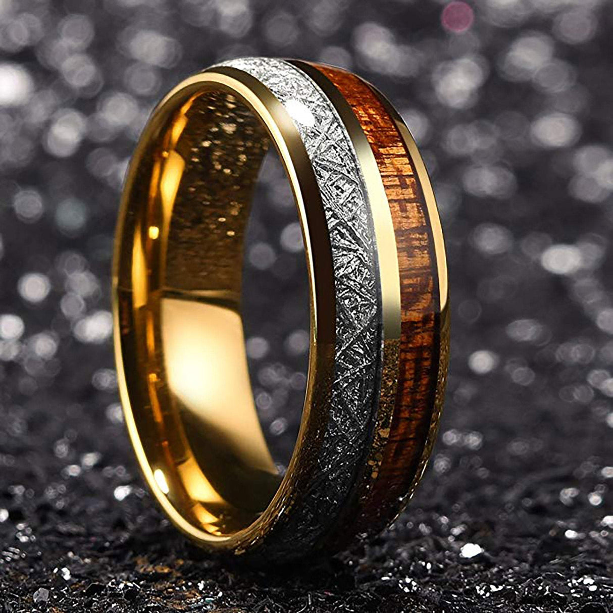 8MM- Tungsten Wedding Band, Meteorite & Koa Wood, Gold Wedding Ring