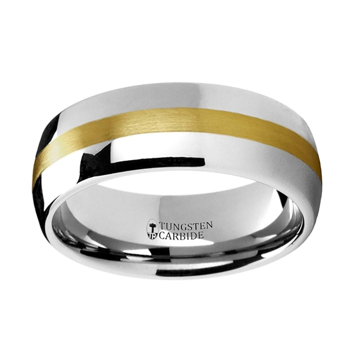 Tungsten Ring High Polished Dome Shape Band with Yellow Gold Inlay - 8mm