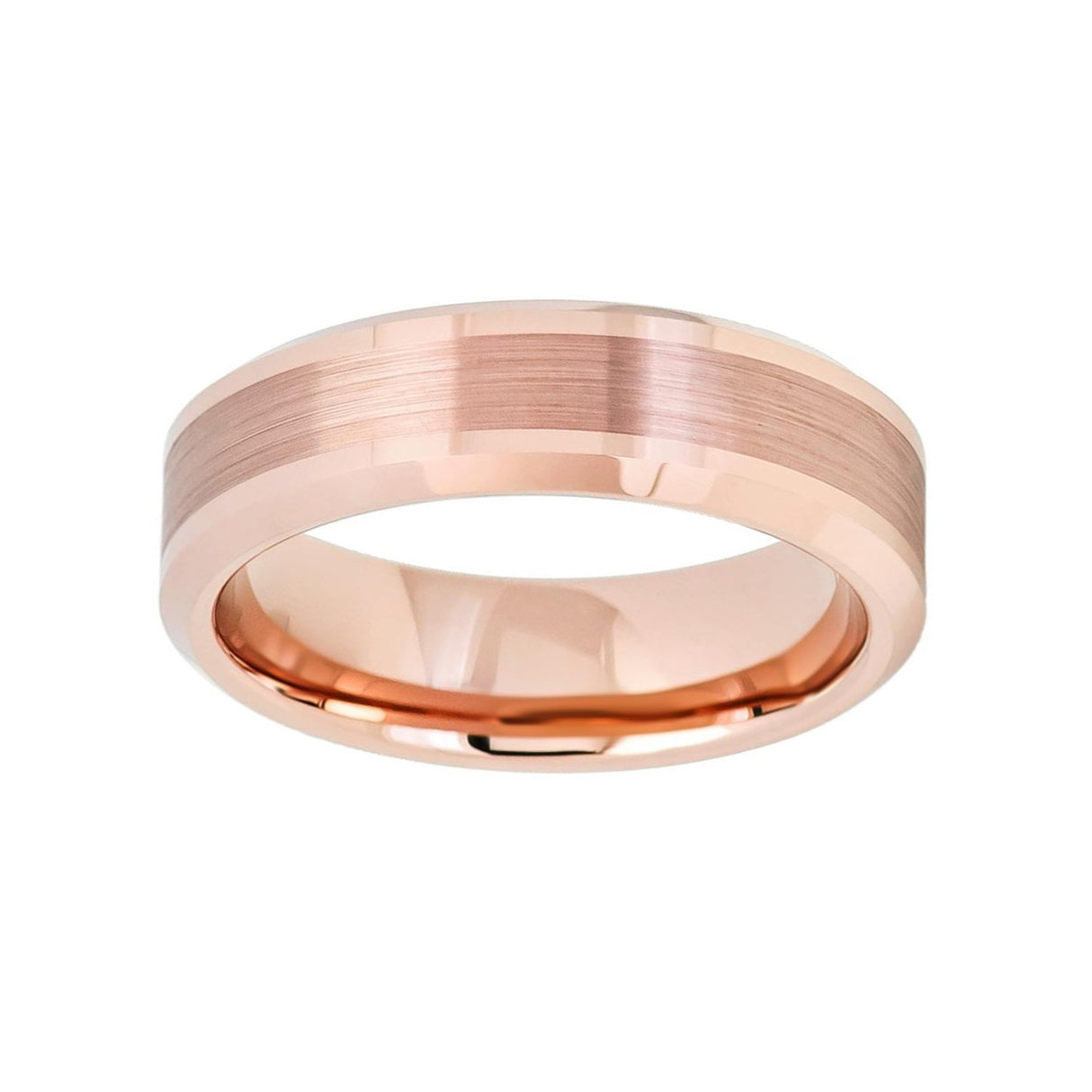 6mm - Rose Gold Tungsten Ring High Polished Beveled Edges Brushed Center,