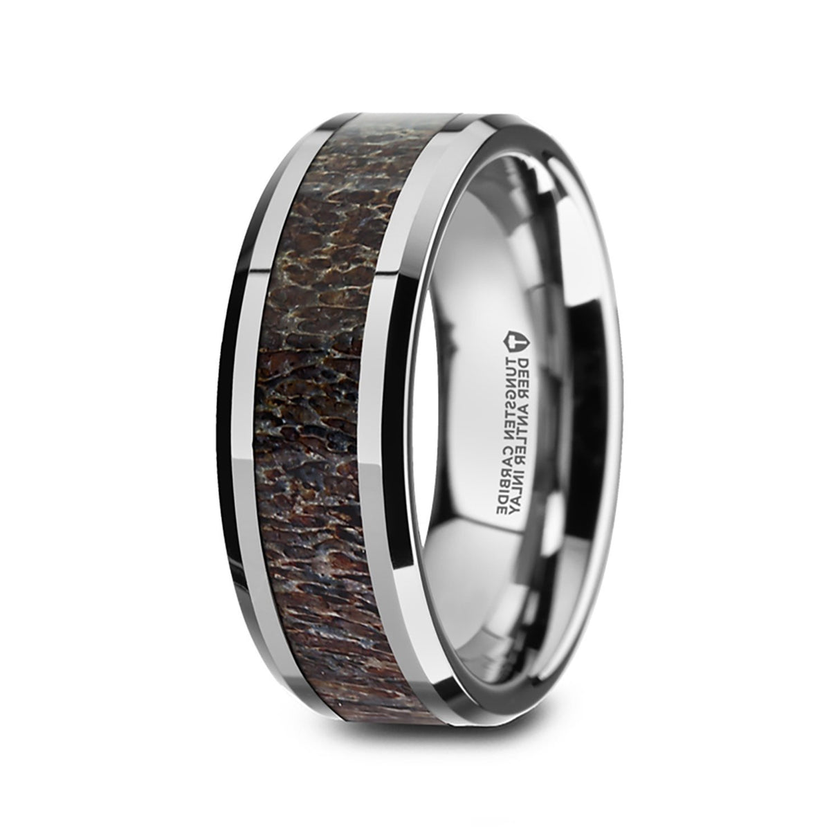 8mm - Tungsten Wedding Band, Dark Antler Inlay Ring Polished Beveled Edges