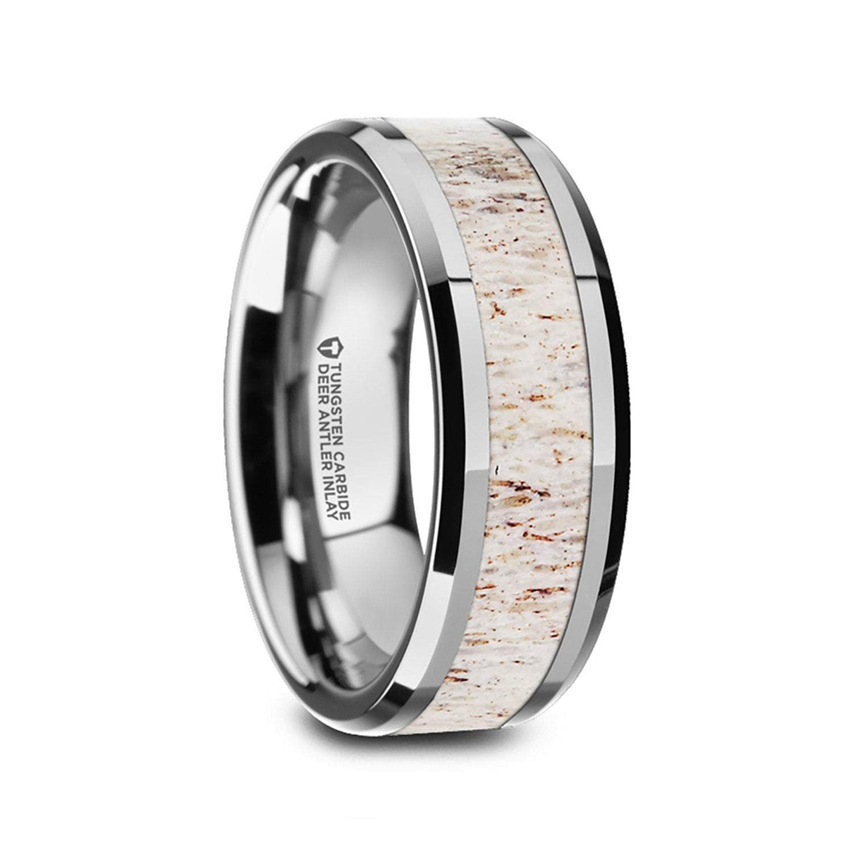 WHITETAIL, Tungsten Wedding Band, Polished Beveled, Off White Antler Inlay - 8mm