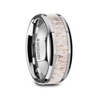 WHITETAIL, Tungsten Wedding Band, Polished Beveled, Tungsten Wedding Ring, Tungsten Carbide, Mens Wedding Band, Off White Antler Inlay - 8mm