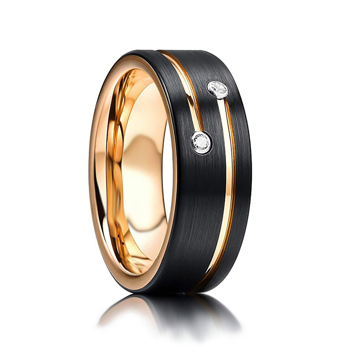 Mens Black Tungsten Carbide Wedding Band with Gold Grooves 2 CZ Diamonds.