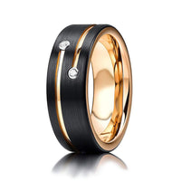 Mens Black Tungsten Carbide Wedding Band with Gold Grooves 2 CZ Diamonds.