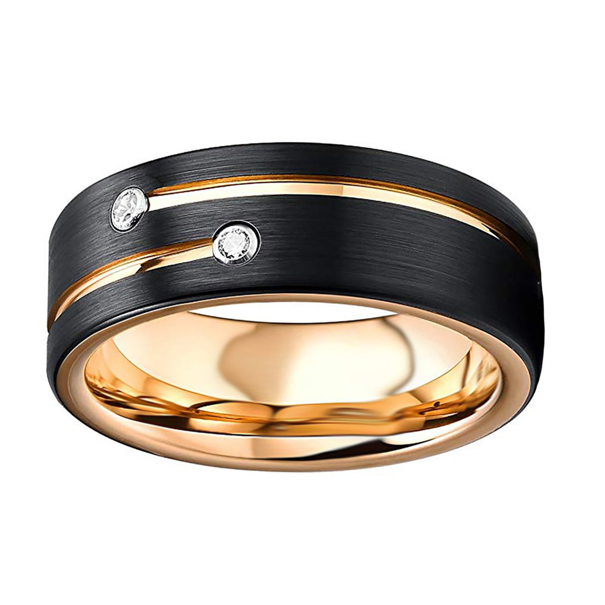 Mens Black Tungsten Carbide Wedding Band with Gold Grooves 2 CZ Diamonds.