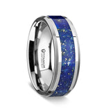 Men's Titanium Wedding Band with Blue Lapis Lazuli Stone Inlay Ring, Beveled Edges - 8 mm