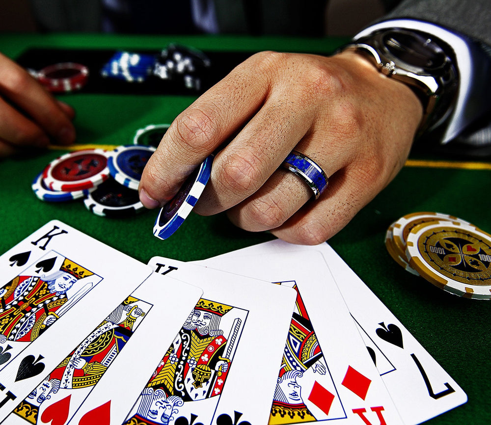 Men's Tungsten Wedding Band with Blue Lapis Lazuli Stone Inlay Ring, Beveled Edges - 8 mm