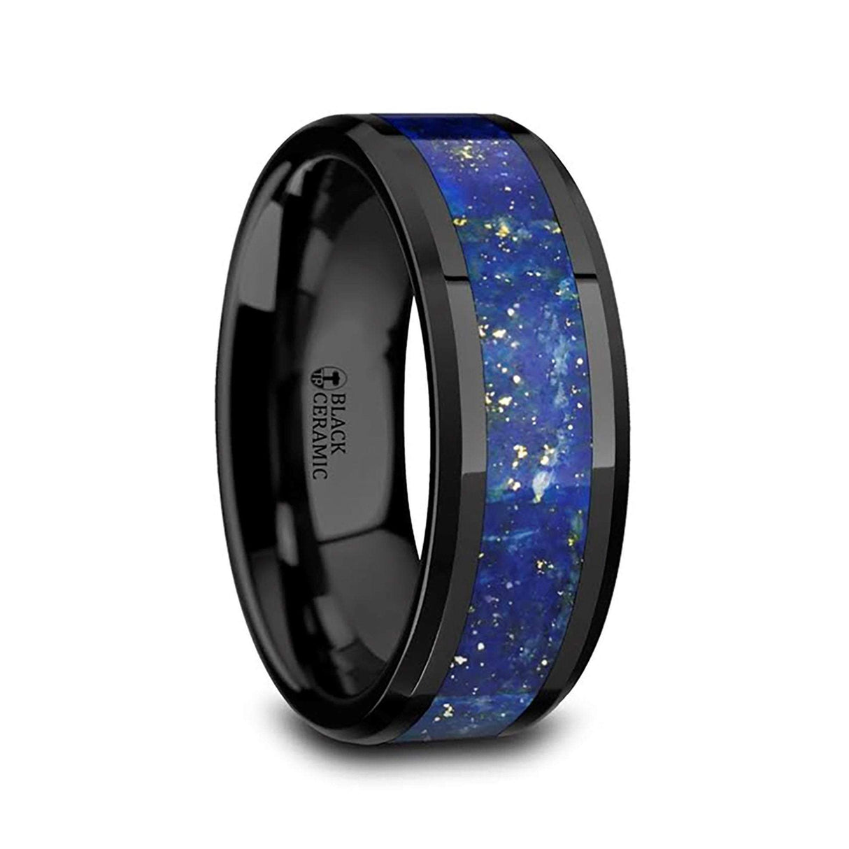 Men’s Polished Black Ceramic Wedding Band with Blue Lapis Lazuli Stone Inlay Ring & Beveled Edges -8 mm