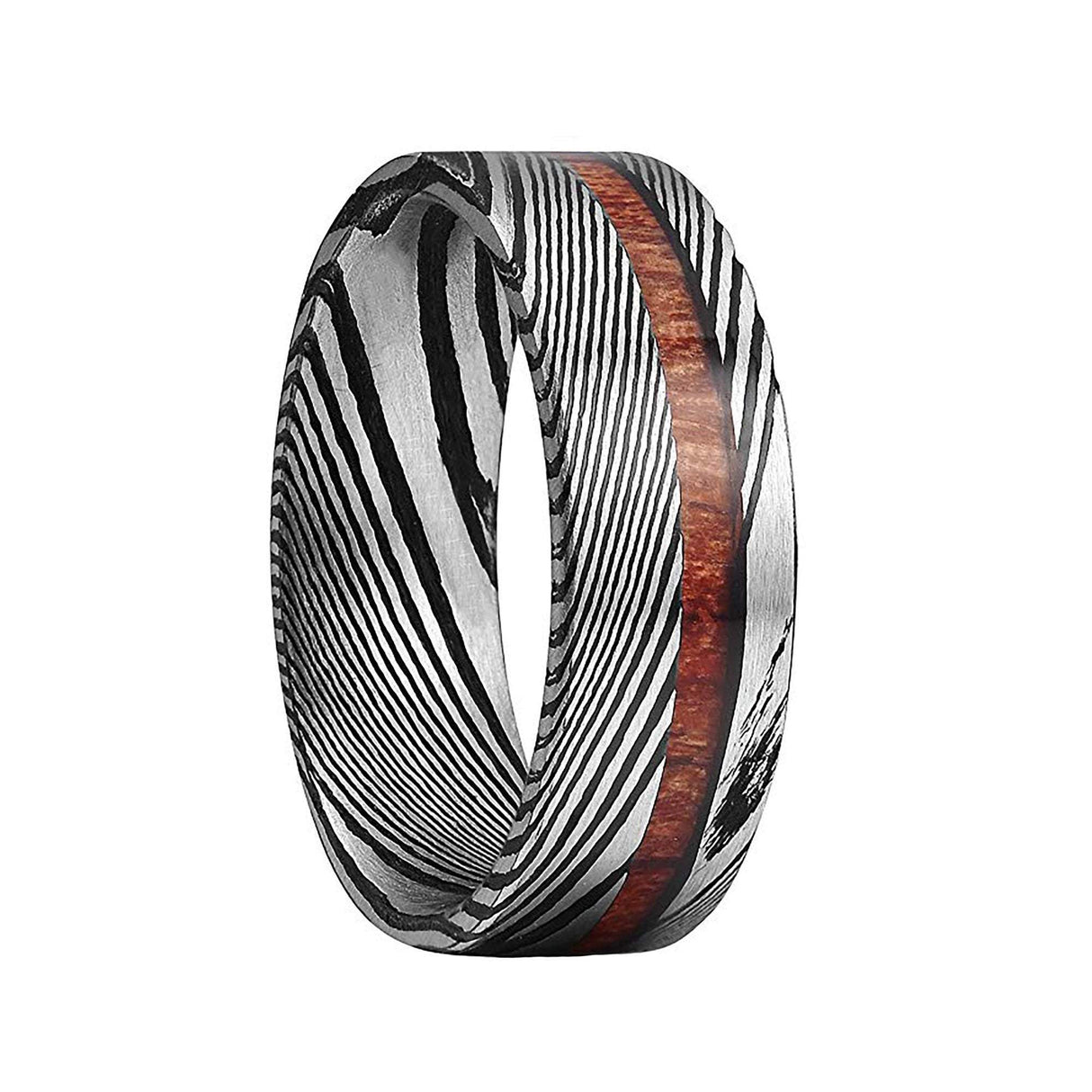 Mens Black Damascus Steel Wedding Band With Ebony Wood Inlay Comfort Fit, Anniversary Ring, Engagement Ring, - 8mm