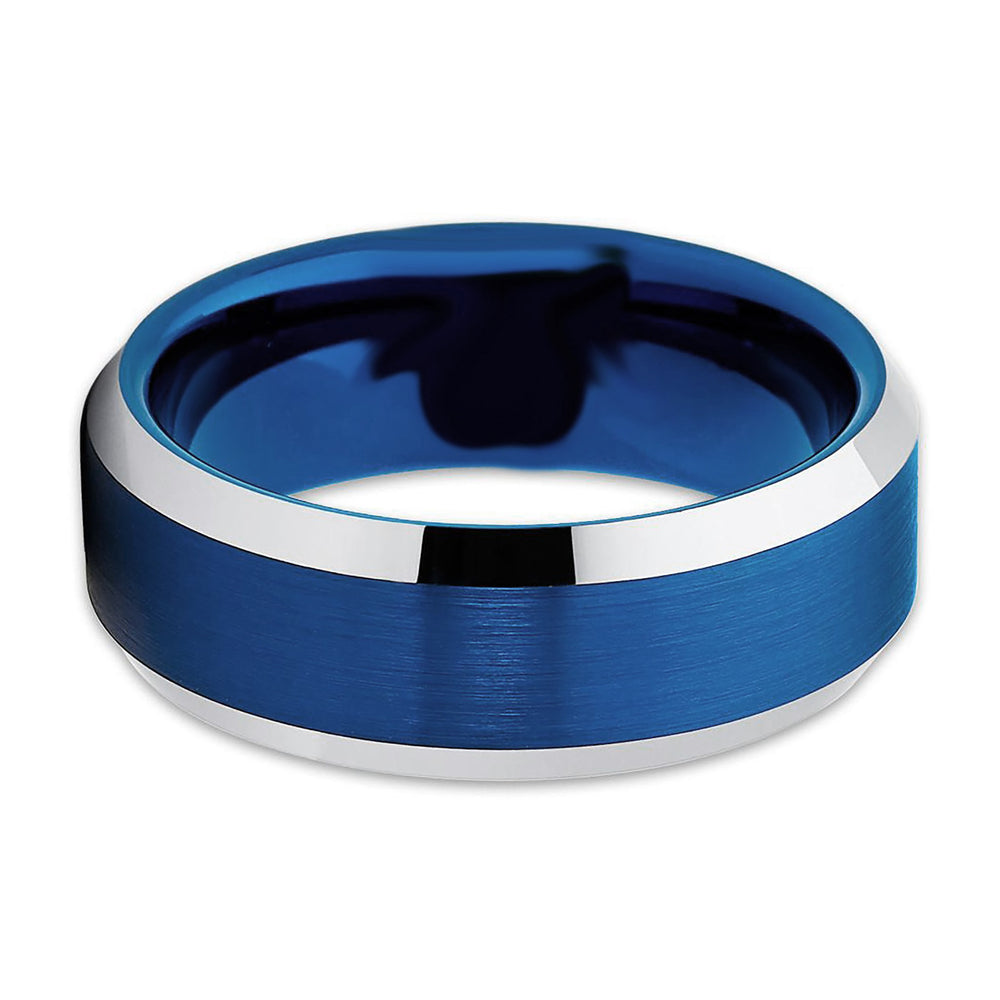 8mm Blue Brushed Tungsten Wedding Band with Polished Edges