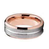 Mens Tungsten Rose Gold Wedding Band, Brushed Center Grooved Ring, Beveled Edges, Man Ring, Womens Ring- 8mm