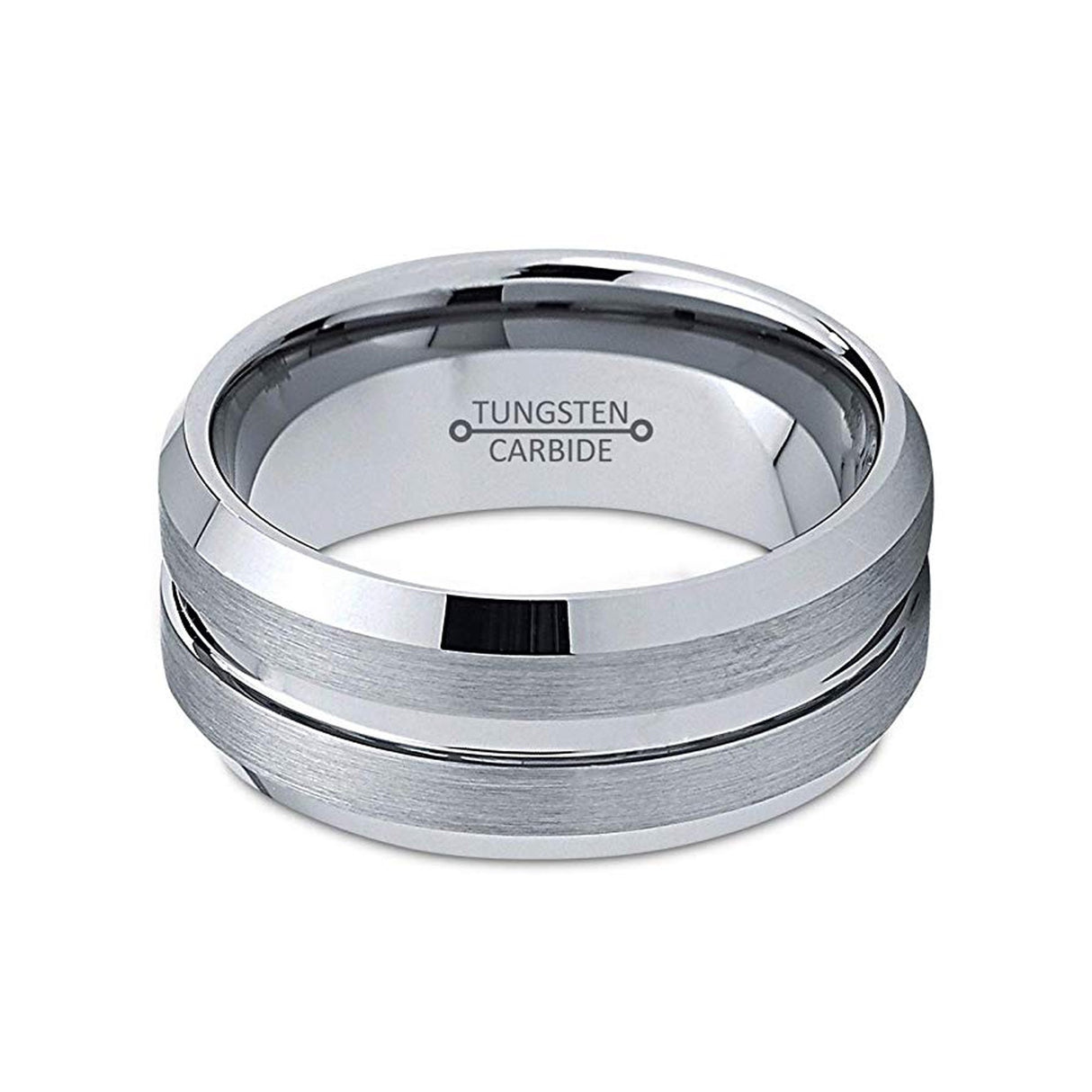 9mm - Tungsten Wedding Band, Grooved Brushed Center, Beveled Edges,