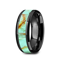 8mm Black Ceramic Wedding Ring with Turquoise Stone Inlay