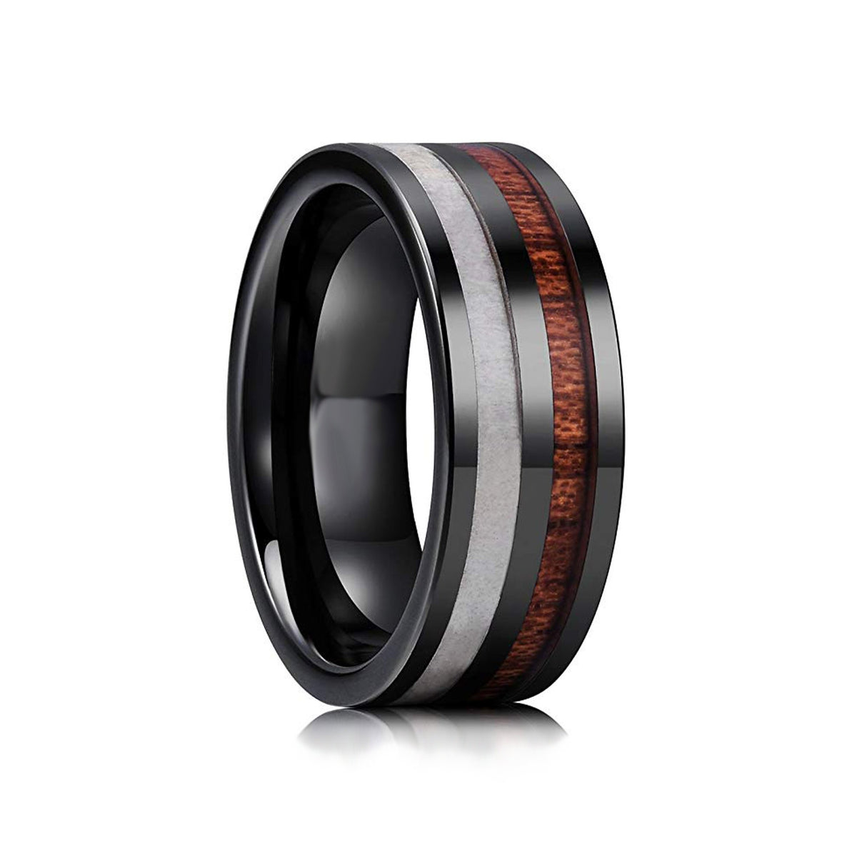 8mm Black Ceramic Wedding Ring with Wood & Antler Inlay